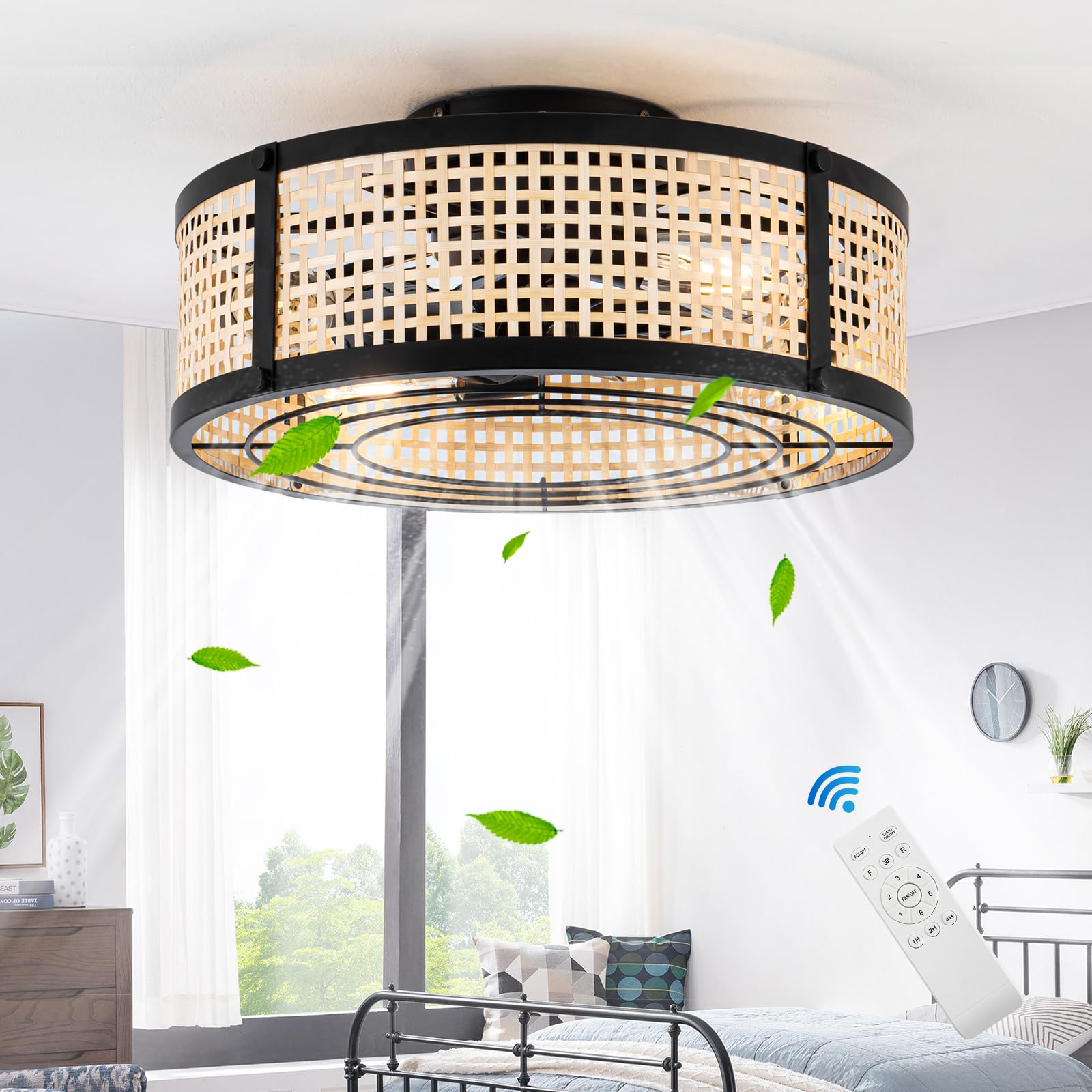 EEHTITH Boho Ceiling Fans with Lights Flush Mount,20 Inch Caged Low Profile Ceiling Fan, Bladeless Ceiling Fan with Light, Rattan Enclosed Ceiling Fan with Light for Bedroom Kitchen Dining Room