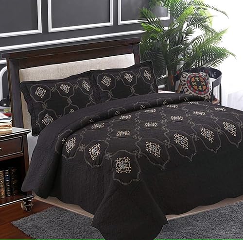 Miniatura 3 de MarCielo Juego de edredón bordado de 3 piezas ligero Emma (negro, California King)