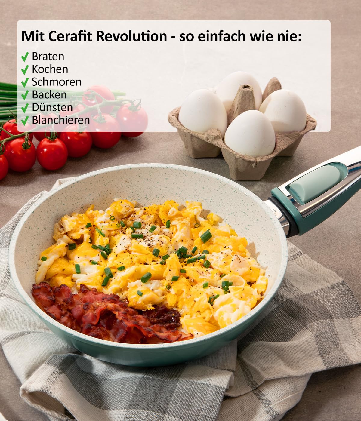 Genius Cerafit Revolution - Padella antiaderente in ceramica, senza PFAS con coperchio in vetro, manico rimovibile, adatta a tutti i piani cottura a induzione, lavabile in lavastoviglie