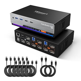 TESmart DP KVM Switch 3 Monitors 2 Computers 8K@60Hz,USB 3.0 KVM Switch Triple Monitor 2 Computers DisplayPort 1.4, EDID, 1G Ethernet, Hotkey Switch, 4K@144Hz for Gaming&Home Office