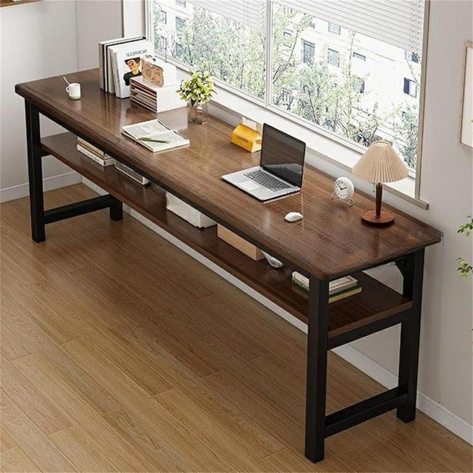 MESCXTY Extra Long Computer Desk,Narrow Writing Office Desk,Large Computer Table Workstation,Home Office Desk with Storage Shelves for Home Office(100cm(39in), Brown2)