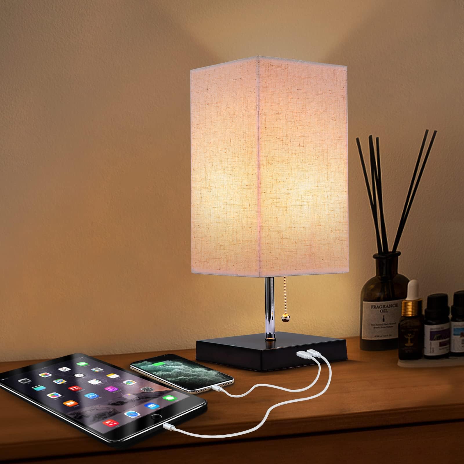 Siljoy Modern Table Lamp with 2 USB Charging Ports, Nightstand Bedside Desk Lamp with Beige Fabric Lampshade, Pull Chain Switch & Black Wooden Base, Ambient Light Beside Lamps for Bedroom, Living Room