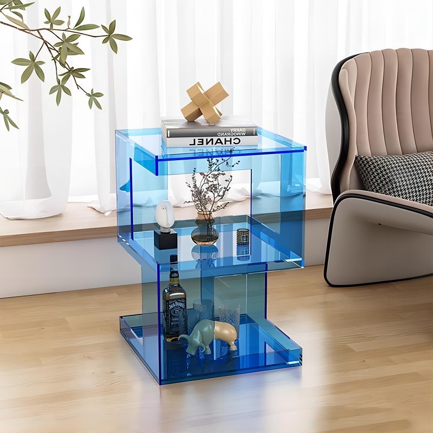SXZenSpace 3-Tier Clear Acrylic Side Table Small Nightstand Coffee with Storage for Living Rooms & Spaces Solid Construction(Blue)