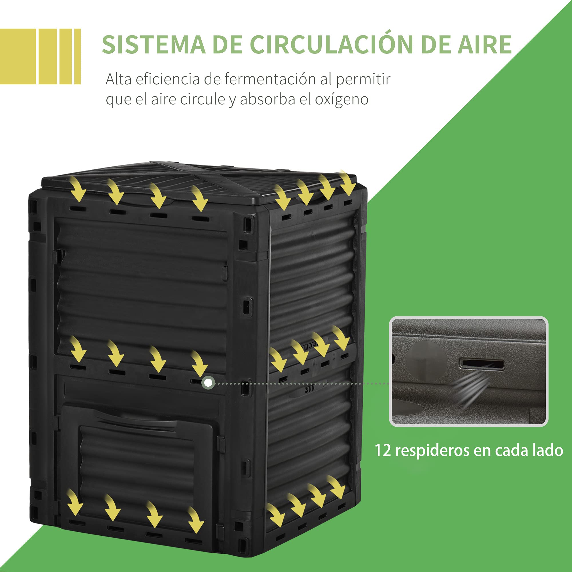 Outsunny Compostador Capacidad de 300L Compostera Orgánica para Producción Abono de Jardín Exterior con 48 Respiraderos 60,5x60,5x81,5 cm Negro