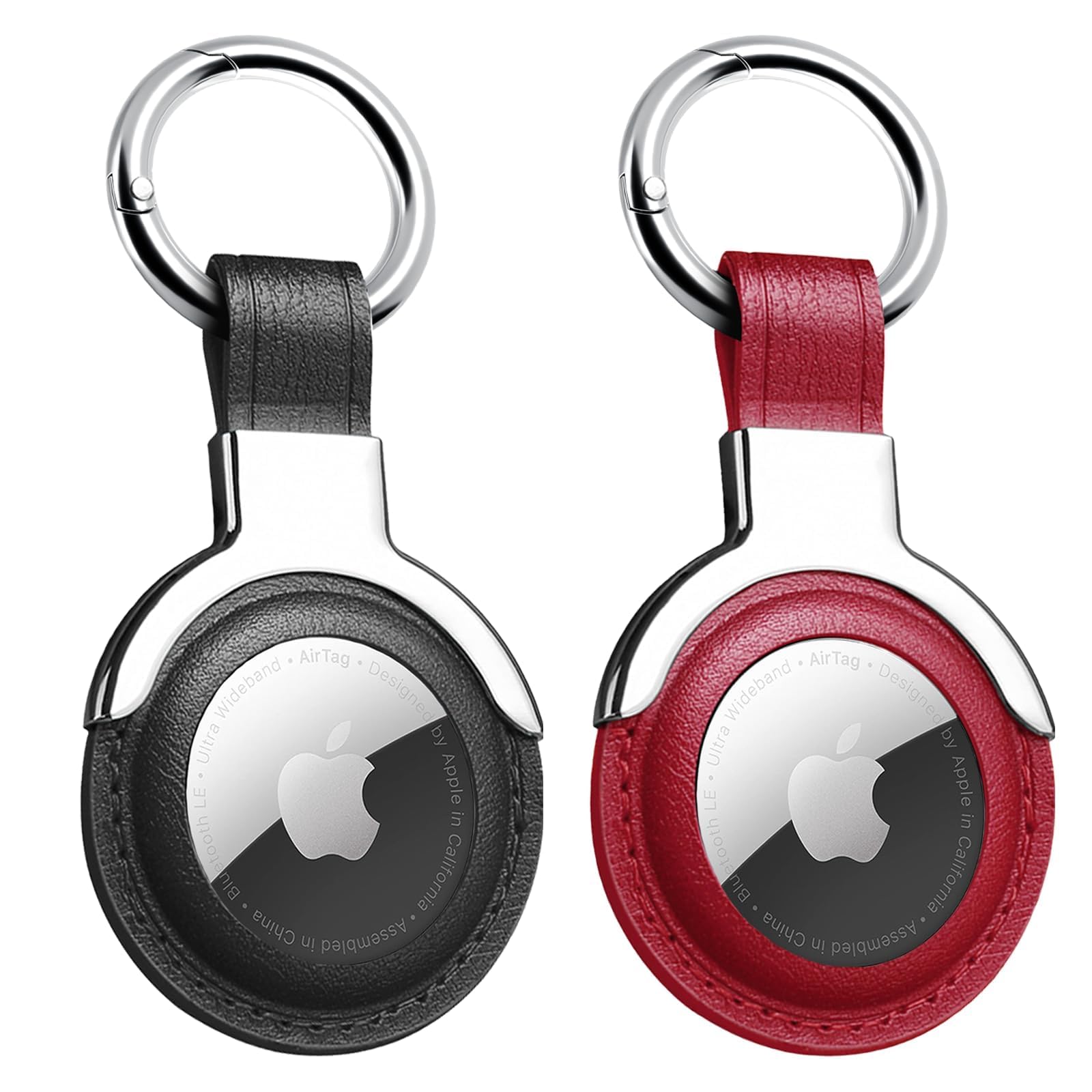 Woyinger Genuine Leather Air Tag Holder(2 Pack) Designed for Apple Airtags Keychains.Compact Design with Key Rings r for Added Convenience and Protective Casing for Airtag.(Black/Red)