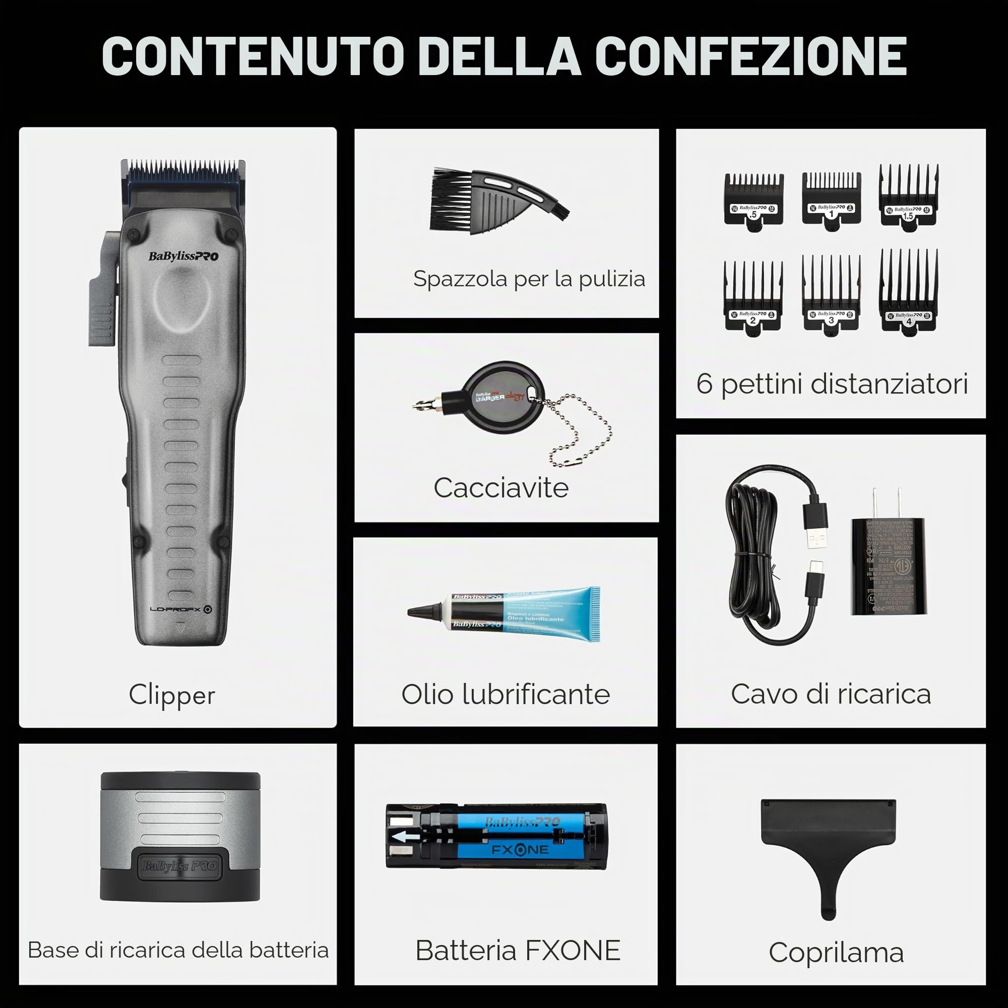 BaBylissPRO Tagliacapelli ad alte prestazioni FXONE LO-PROFX con batteria intercambiabile, 8 pettini e lama in metallo