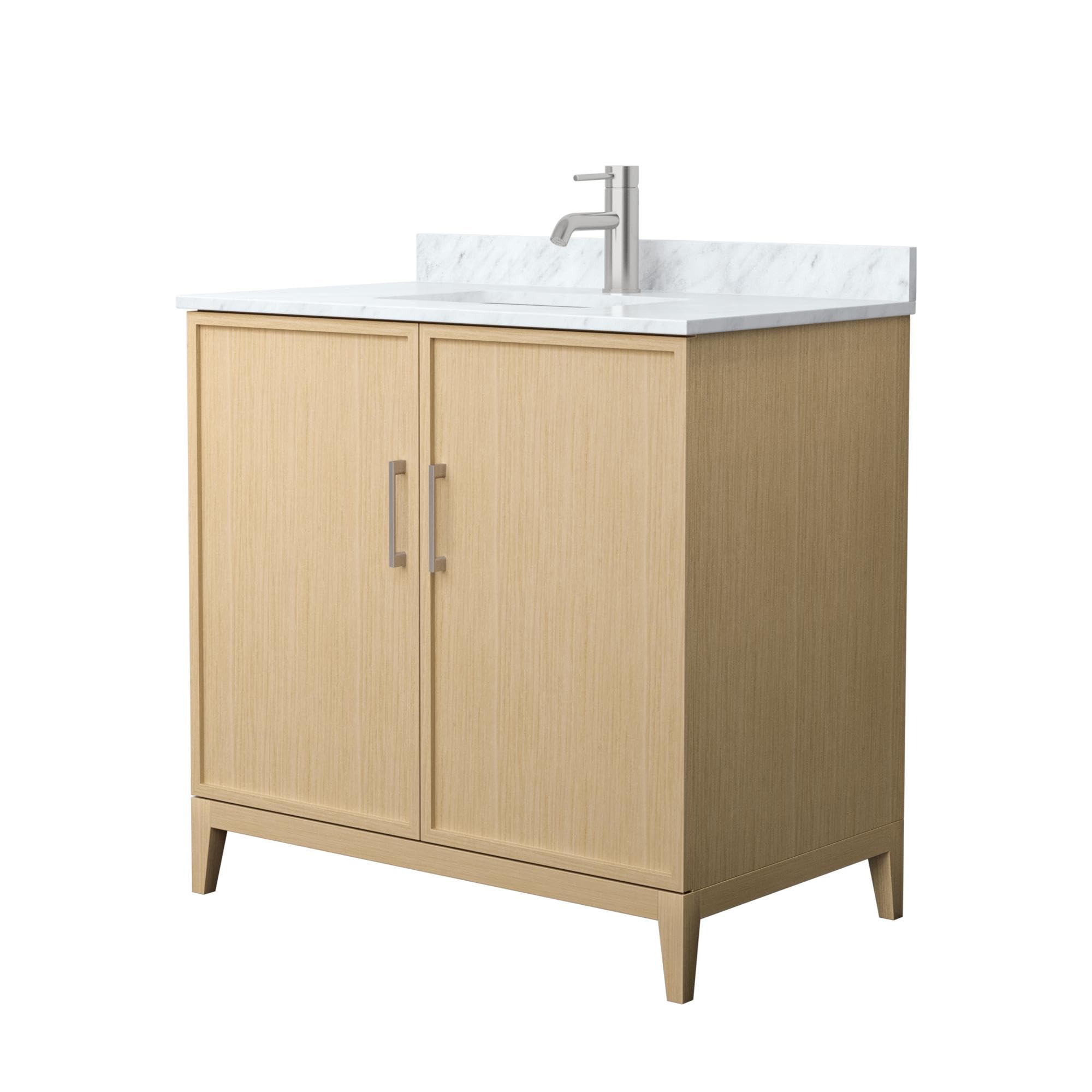 Wyndham Collection Elan 36 Inch Single Bathroom Vanity in White Oak, White Carrara Marble Countertop, Undermount Square Sink, Brushed Nickel Trim