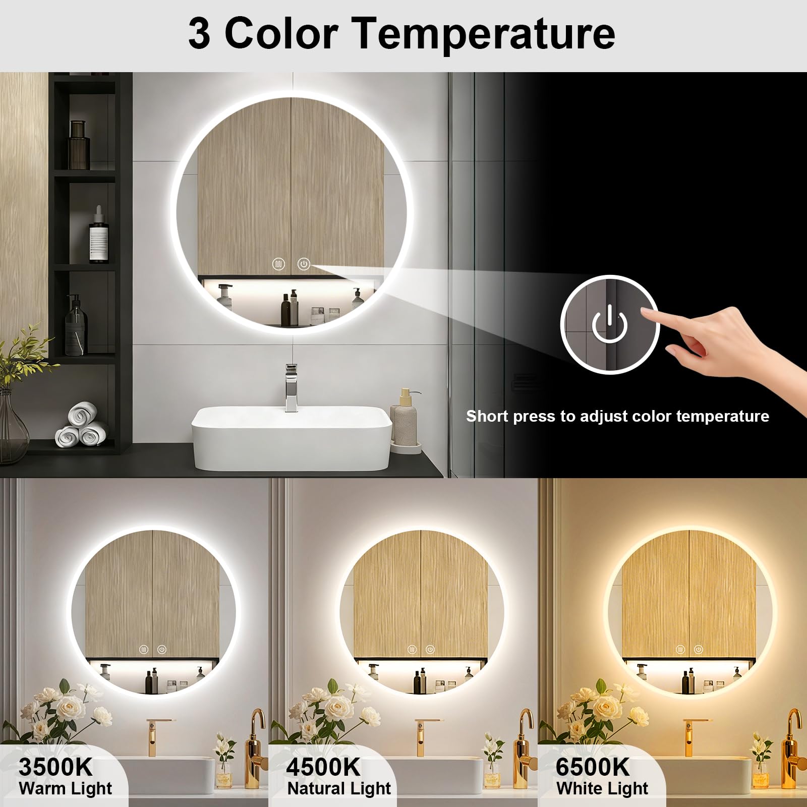 Badspiegel mit Beleuchtung Rund 70cm, Badezimmerspiegel Wandspiegel und Touch-Schalter, IP65-Led-Spiegel-Bad mit Speicherfunktion, 3 Farbtemperatur,dimmbarer,Antibeschlag,HD Hartglas