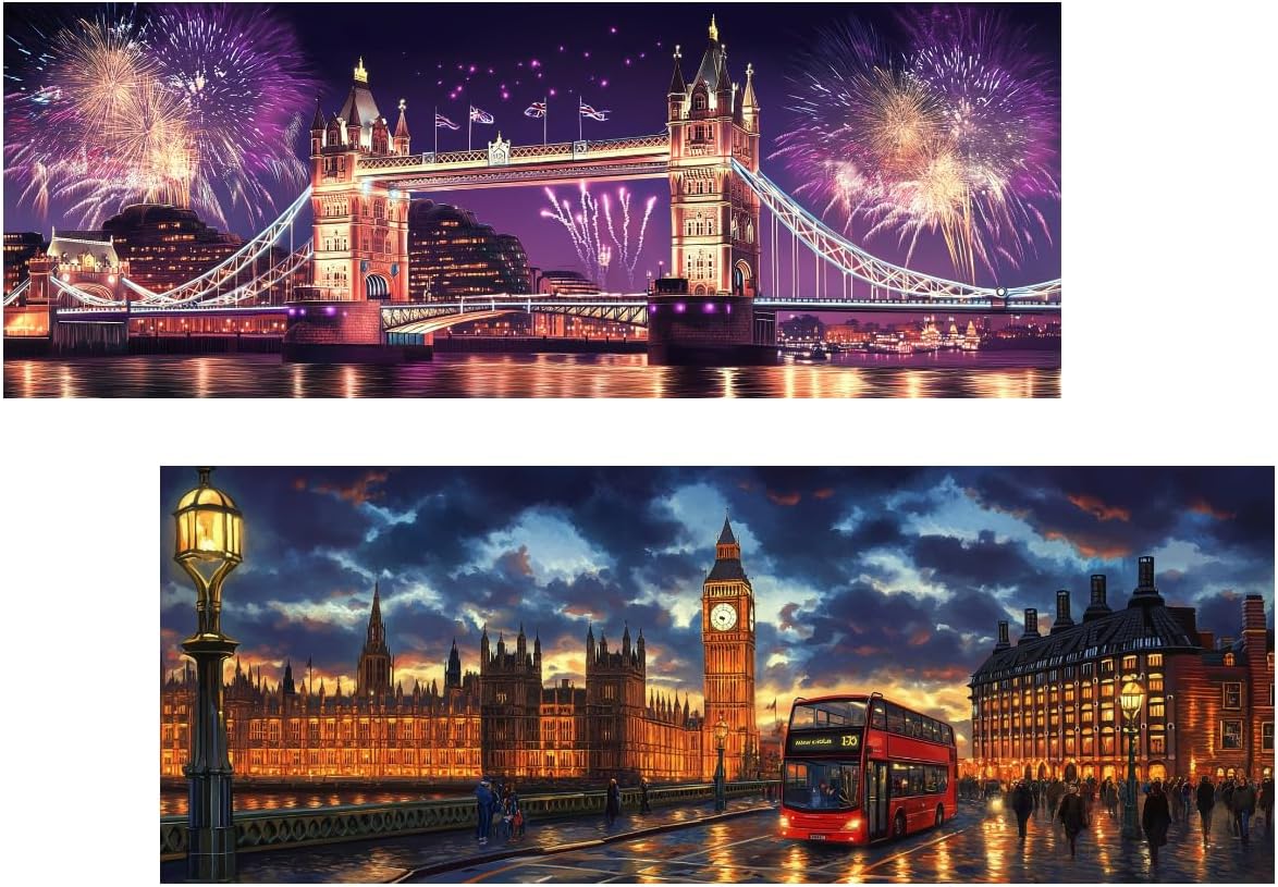 Ginfonr 2PCS Large Diamond Art Kits for Adults, Big Ben Diamond Painting for Adults, Diamond Art Landscapes Full Drill, Diamond Art Kits Rhinestone Craft for Home Wall Decor 31.5 x 11.81 inch