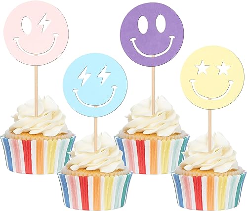 Miniatura 1 de 24 piezas de decoración de cupcakes con cara sonriente preppy rayo estrella Y2k rosa fiesta despedida de soltera cupcake comida para preppy Y2k