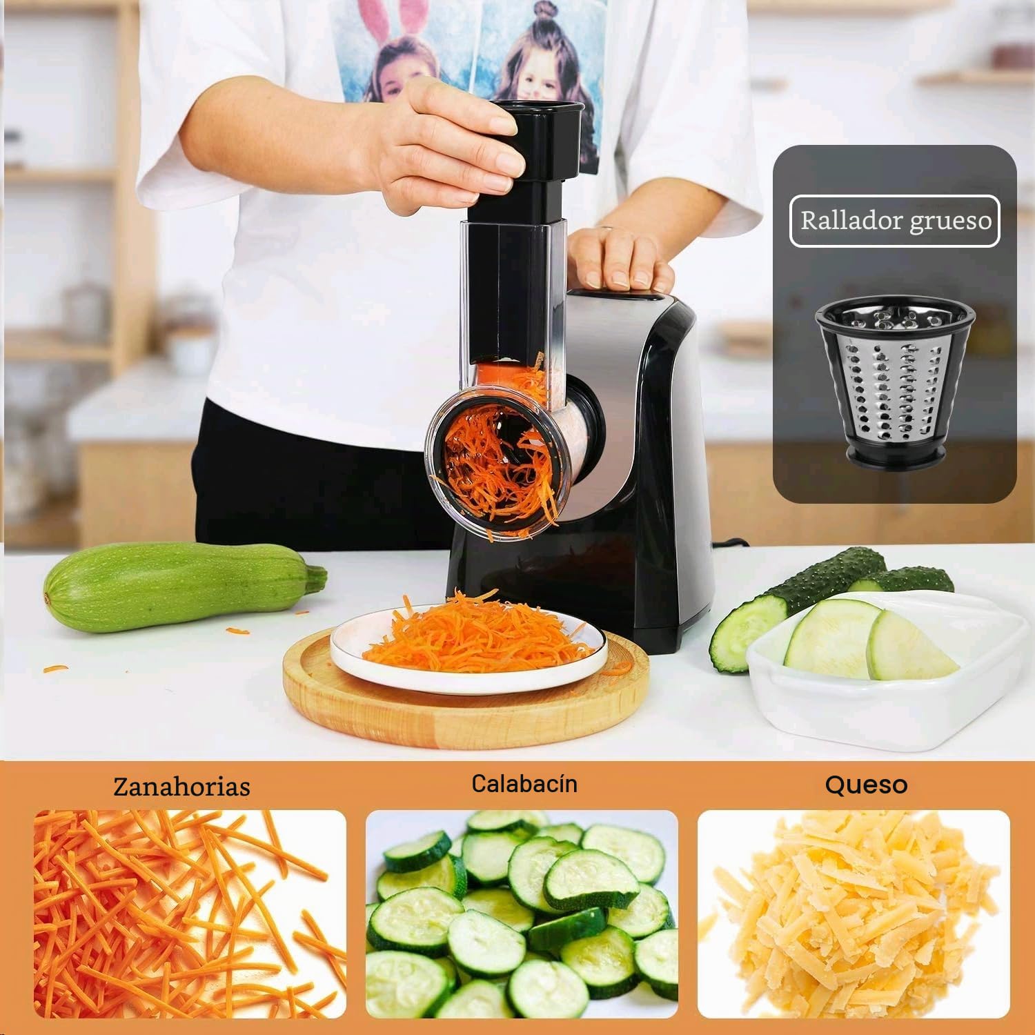 Cortador de Verduras Eléctrico 150W - Rallador Eléctrico 5 en 1 Profesional con 5 Conos, Mandolina Multifunción para Verduras, Queso, Patatas, Ideal para Ensaladas y Cocina Saludable
