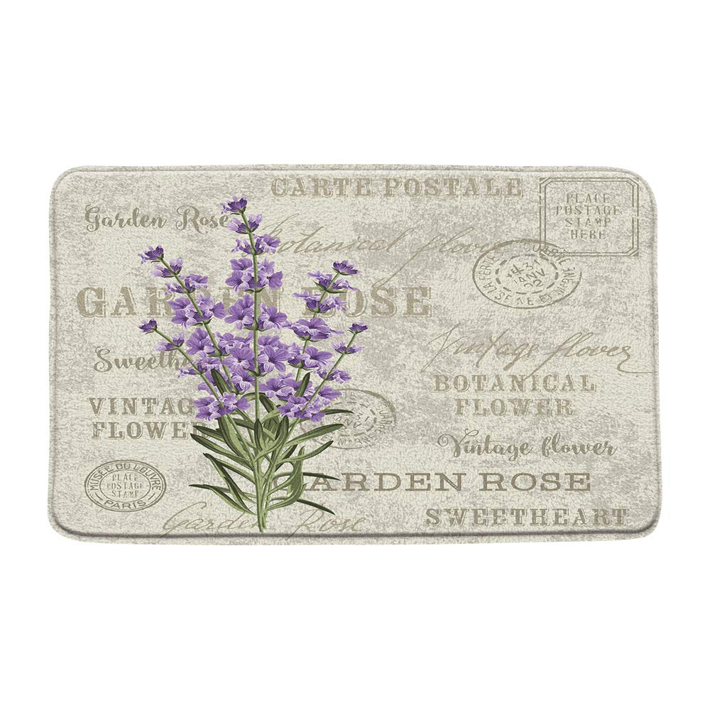 Vintage Flower Bath Mat Purple Lavender Provence Retro Postcard Background Khaki Green Microfiber Memory Foam Bathroom Decor Mat 36X24 Inch