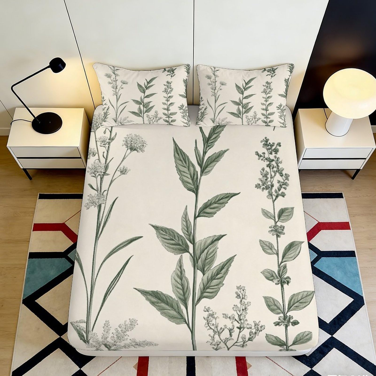 3D Printed Botanical Fitted Sheet Microfiber Soft Breathable Floral Mattress Cover for Bedroom Dormitory Guest Room Mattress Protection Decor 160x200x25cm
