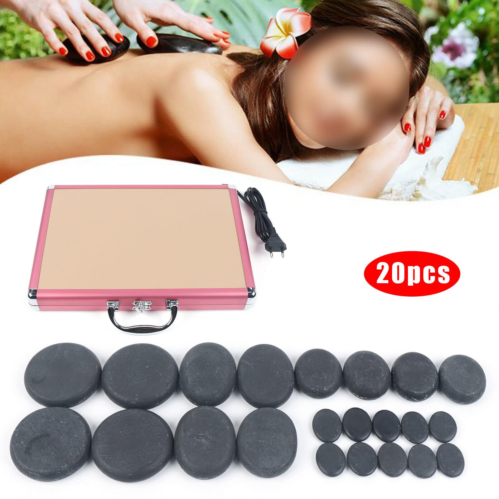 Juego de 20 piedras de masaje de piedra caliente para masaje, calentador de basalto, caja térmica para spa, bienestar y relajación