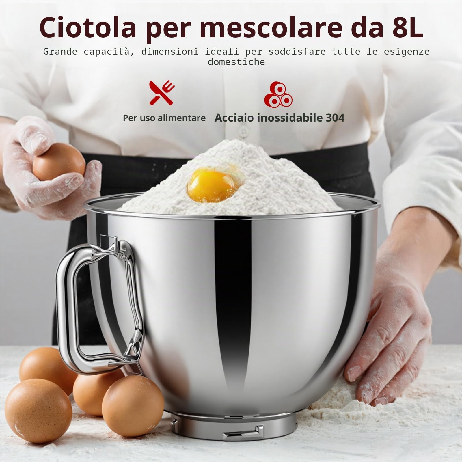 Impastatrice Planetaria offerta 2000W 8L Robot da Cucina | Professionale Multifunzione Mixer Cucina con Gancio per Impastare, Frusta Piatta, Frusta