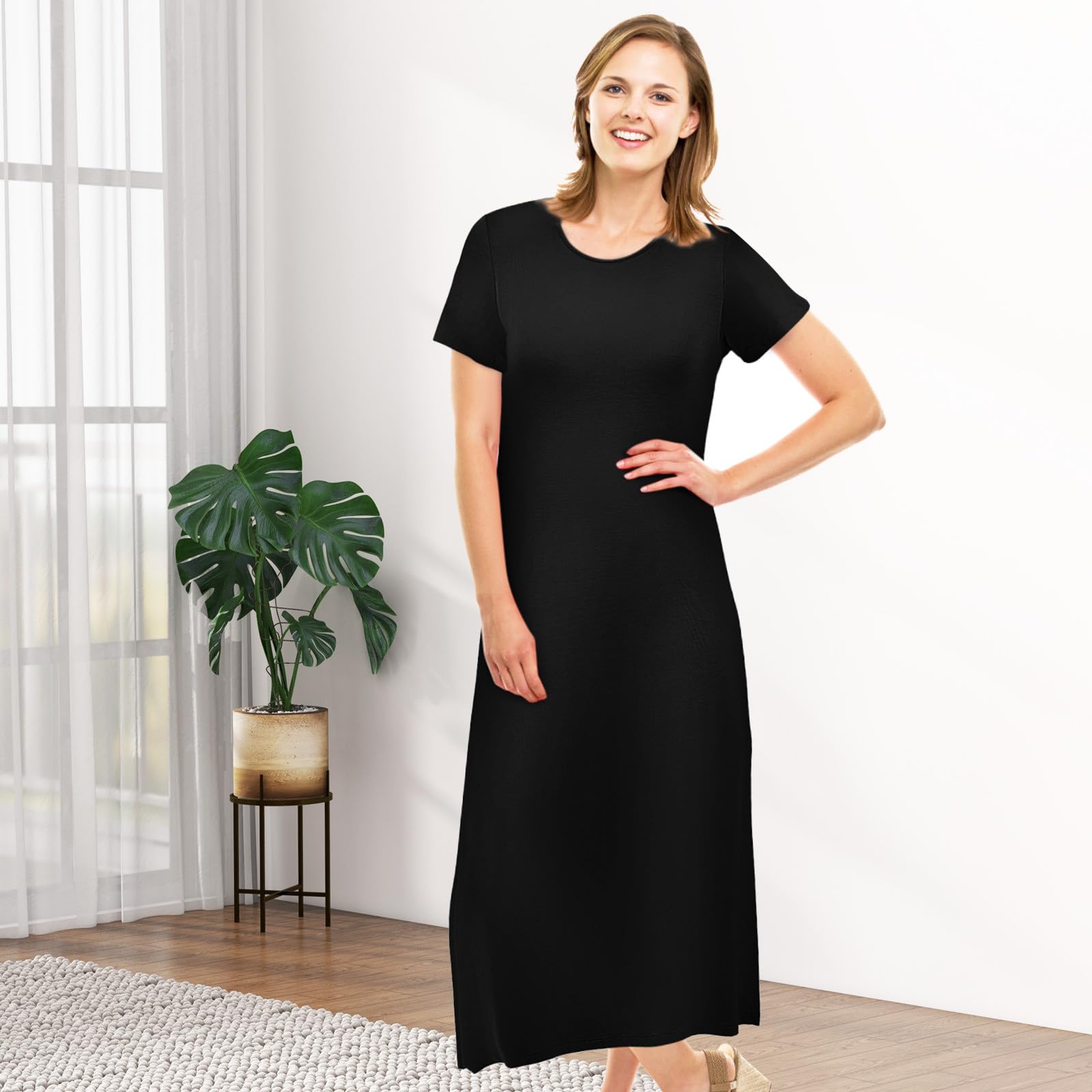 Garneck Camisón de Mujer de Manga Corta, Cuello Redondo, Holgado | Fibra Sintética Transpirable, Negro, Cómodo para Casa y Descanso, Talla Grande
