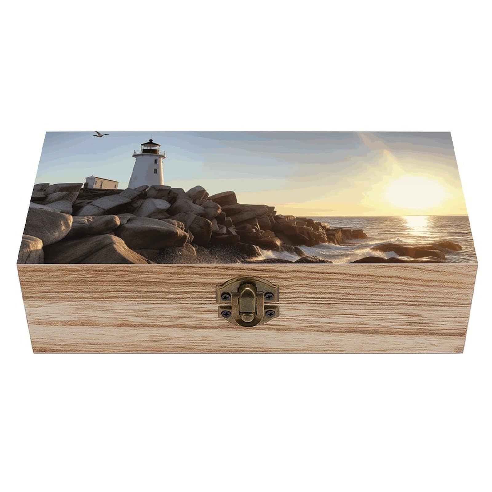 Wooden Storage Box Lighthouse Rocks Seaside Wood Gift Box with Hinged Lid Vintage Decorative Jewelry Boxes Memory Box for Jewelry Art Hobbies Home Storage Treasure Keepsake Gift 7.9''x3.9''x2.3''