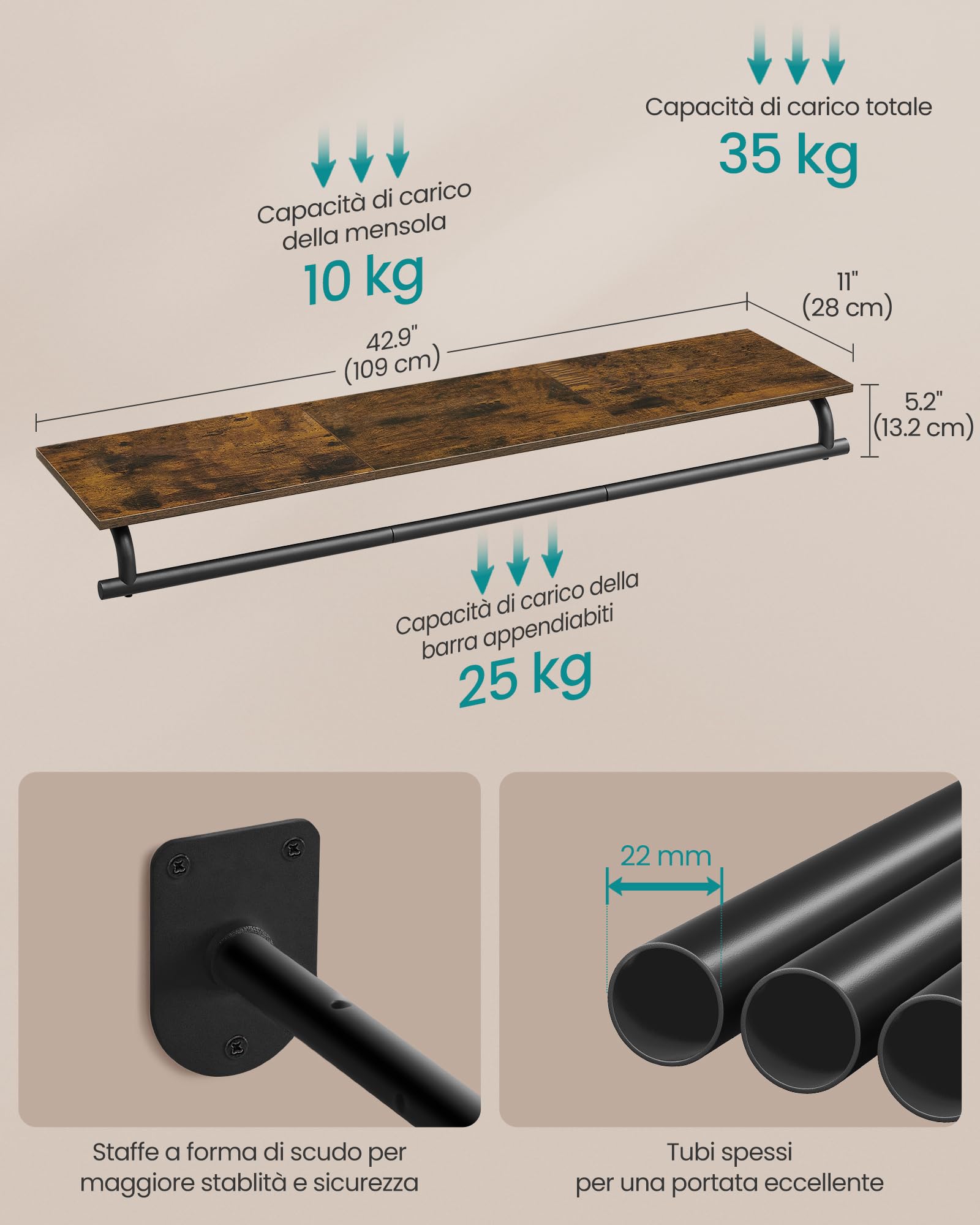 Set 2 Mensole Con Ganci Grigio - Mensola Parete Con Appendiabiti, Ripiano 35cm Per Ingresso O Bagno