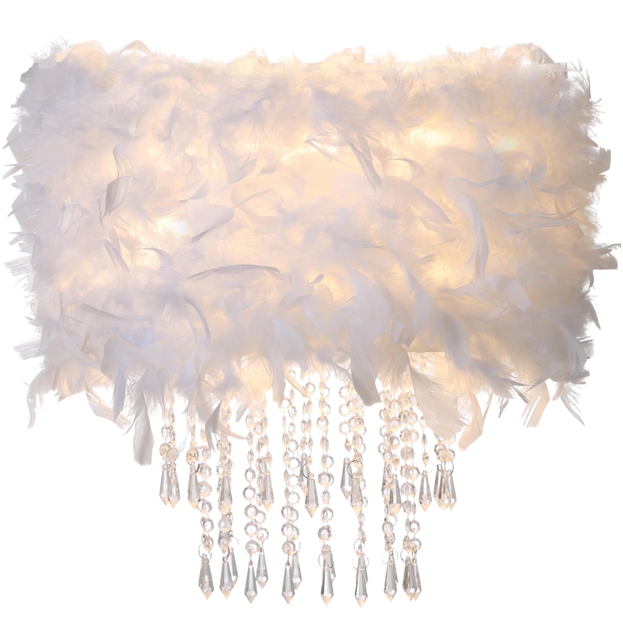 Feather Light Shade with Acrylic Beads Droplets, Universal Fit Lampshade for Ceiling Pendant, Table, Floor & Wall Lighting, Girl Bedroom Decor, ID 40cm, OD 50cm, White