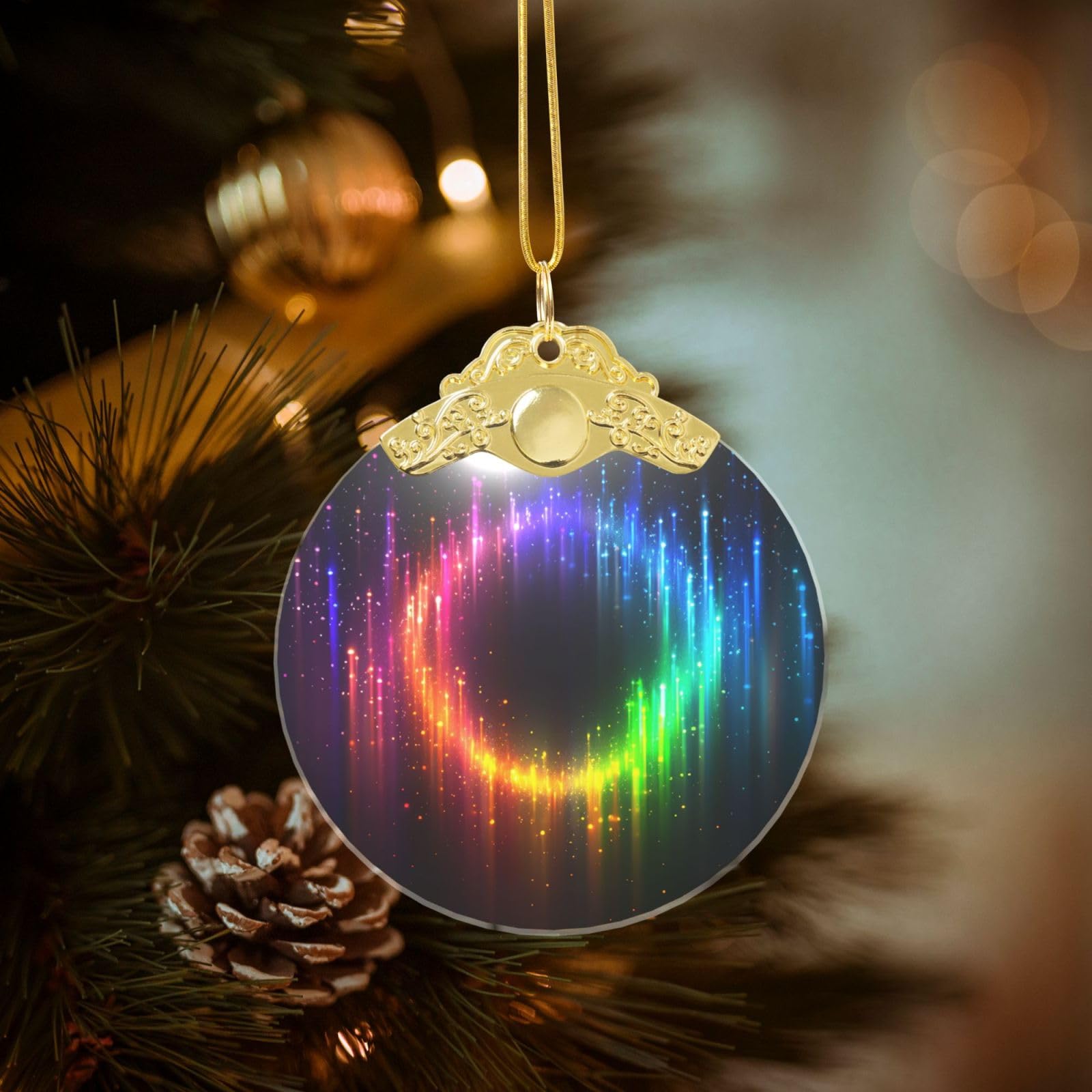 Crystal Christmas Ornaments for Christmas Tree Decoration Hanging Rainbow Neon Ornament with Gold Ribbon Crafts Round Pendant for Keepsake Gifts Glass Xmas Decor Party Supplies
