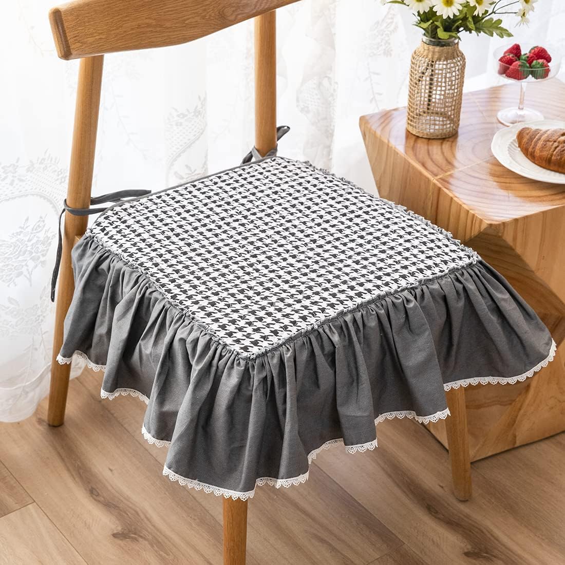 vctops Boho Ruffles Printed Chair Cushion with Ties Black and White Houndstooth Kitchen Dining Chair Pad Super Soft Cotton Non Slip Seat Cushion (Dark Gray,18"x18")