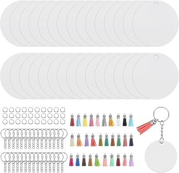 uxcell 120pcs Sublimation Keychain Blanks Round Shape Double-Sided Printing Sublimation Blanks Bulk with Keychain Ring Jump Rings Tassels for DIY Gift Making 50mm Diameter