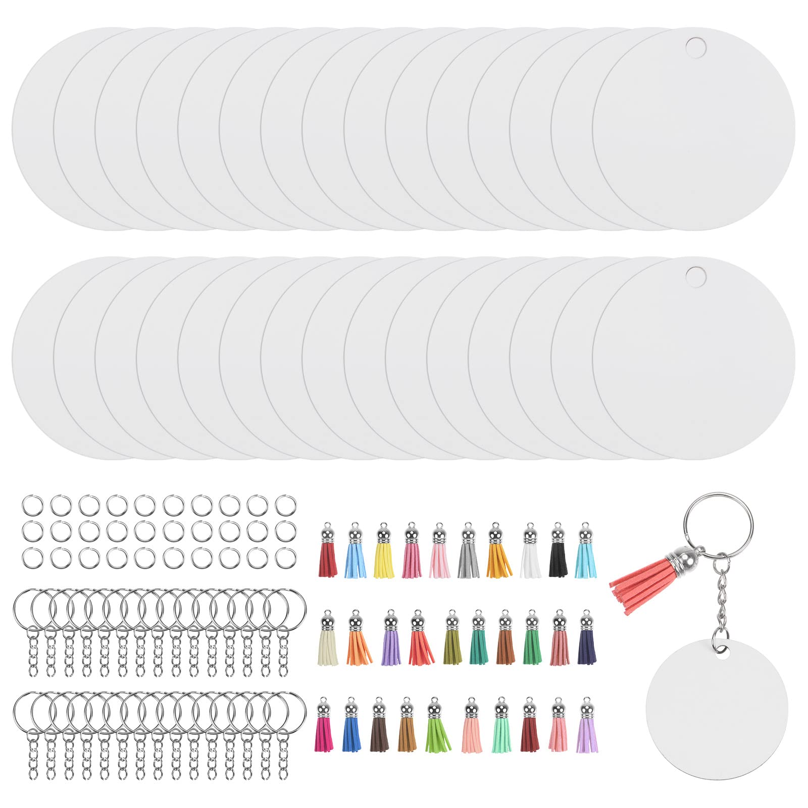 sourcing map 120pcs Sublimation Keychain Blanks Round Shape 50mm Dia. Double-Sided Printed Sublimation Blanks Bulk with Keychain Rings, Jump Rings, Tassels for DIY Gift Crafting