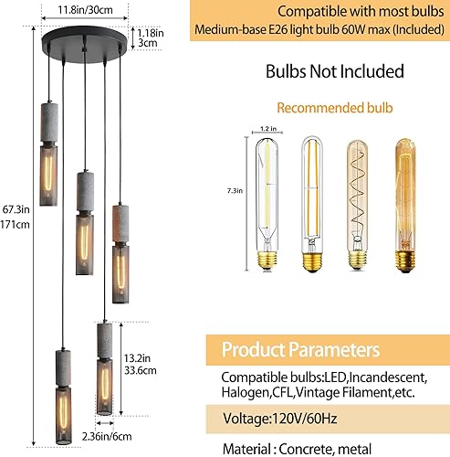 Miniatura 2 de Lámpara colgante lineal de hormigón de 5 luces con pantalla de malla metálica, moderna iluminación colgante de cemento industrial para cocina, isla,