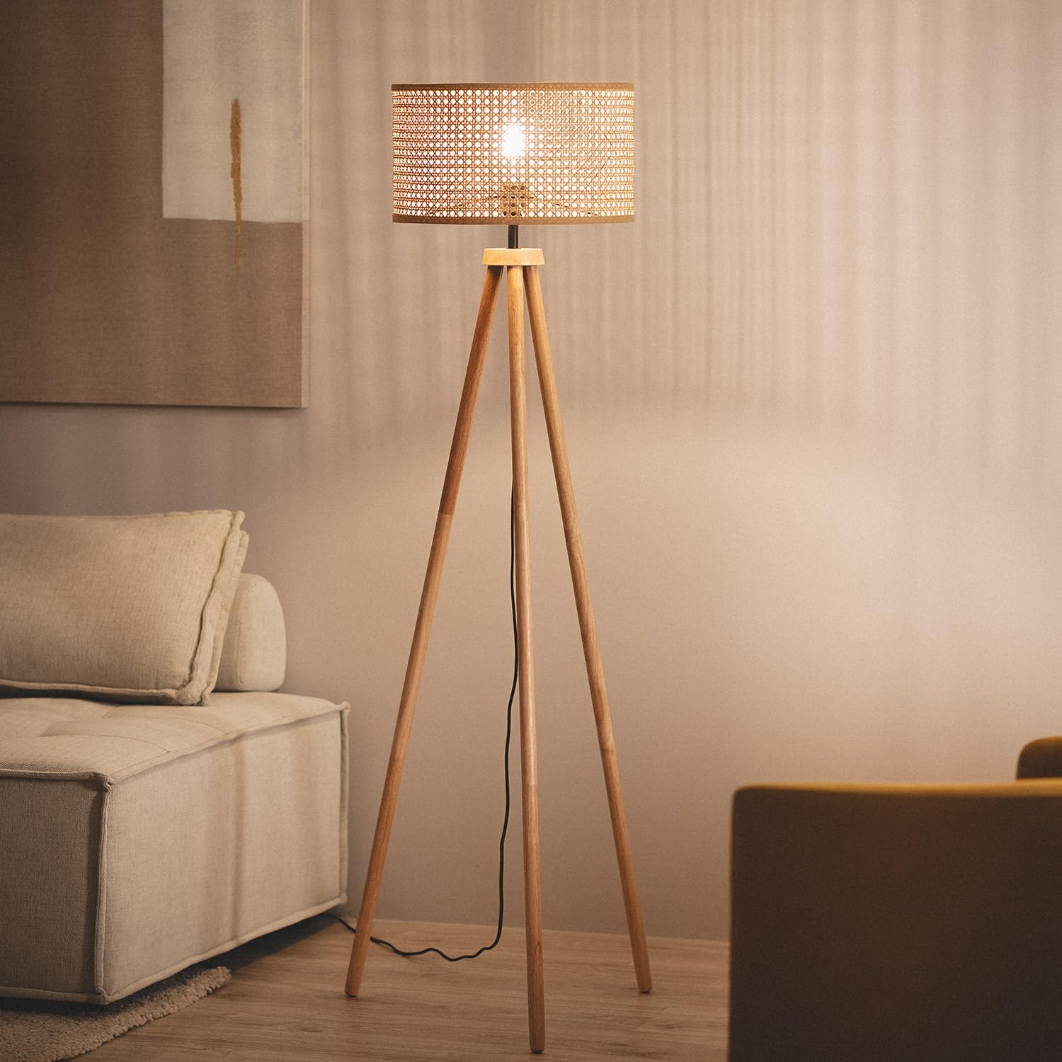 LEDKIA Lámpara de Pie Ratán y Madera Adirane Natural | CasquilloE27