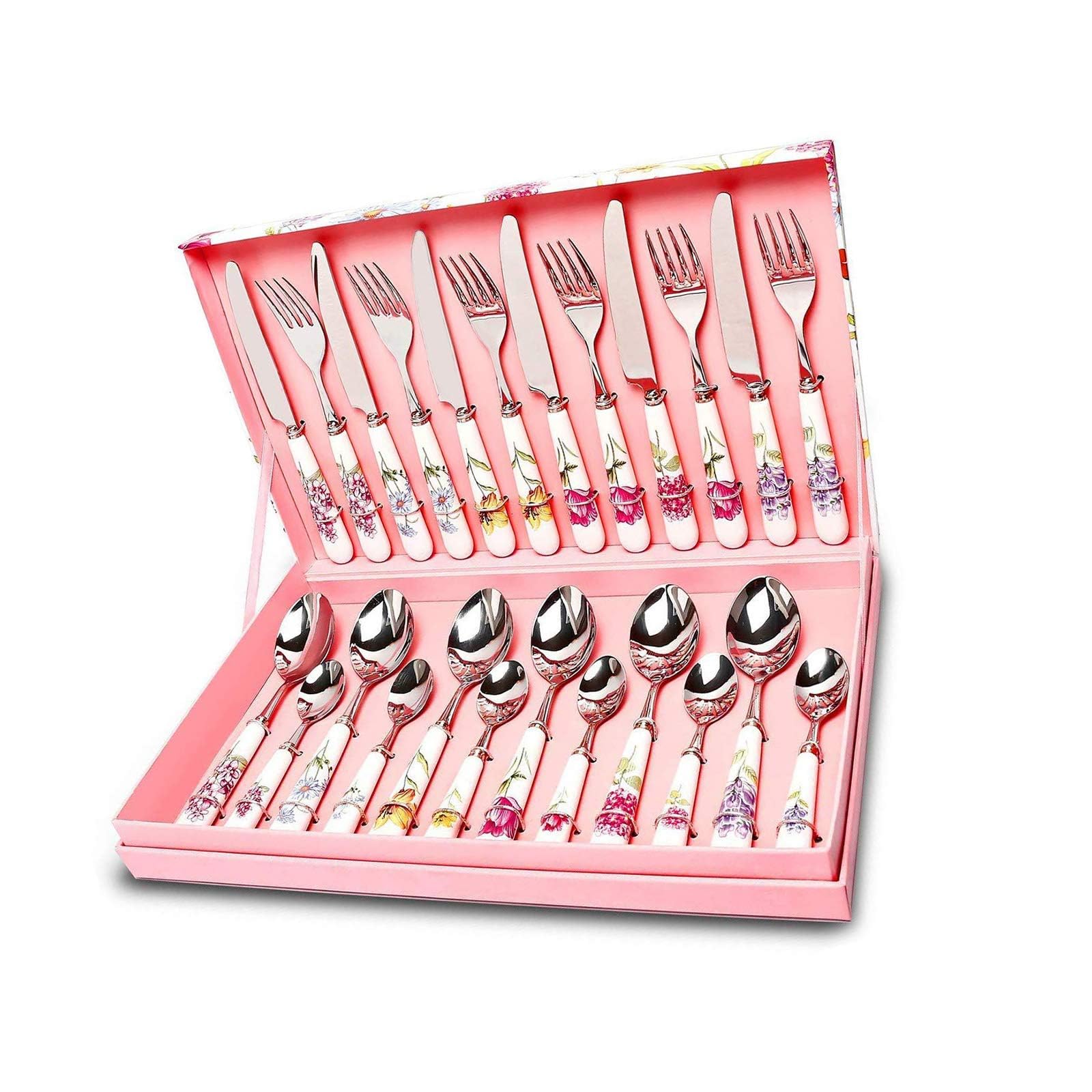 Set di posate in acciaio inox da 24 pezzi con manici in ceramica | adatto per matrimoni, Natale, compleanni