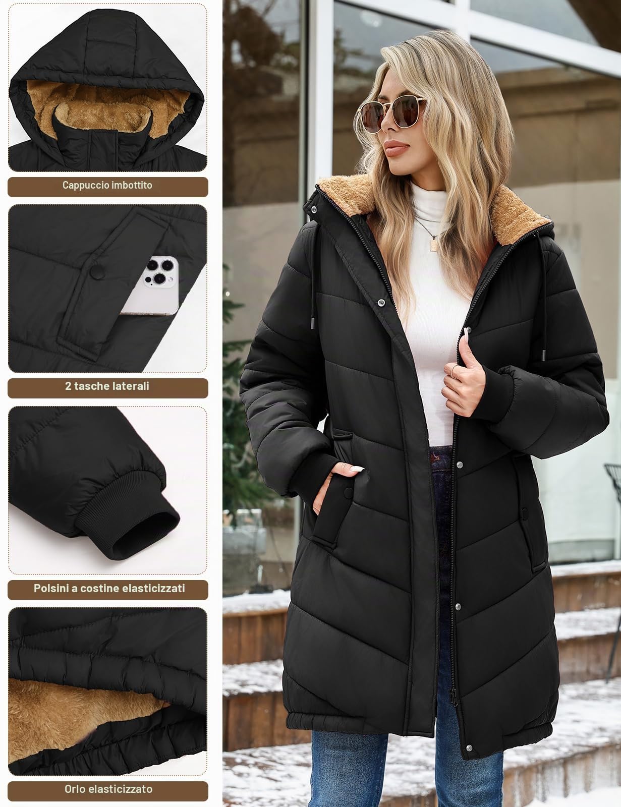 Yuson Girl Giubbotto Donna Invernale Foderato Giacca Trapuntata con Cappuccio Leggero Caldo Cappotto in Pile Media Lugghezza Antivento Giacche Parka con Zip e Tasche