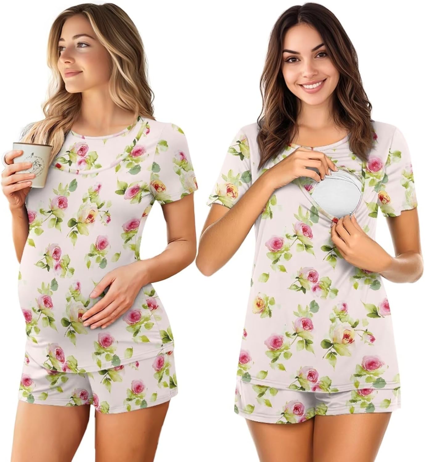 Xoenoiee Maternity Nursing Pajamas Set 2 Pcs Breastfeeding Sleepwear Short Sleeve Top and Shorts Set Pregnancy Pajamas