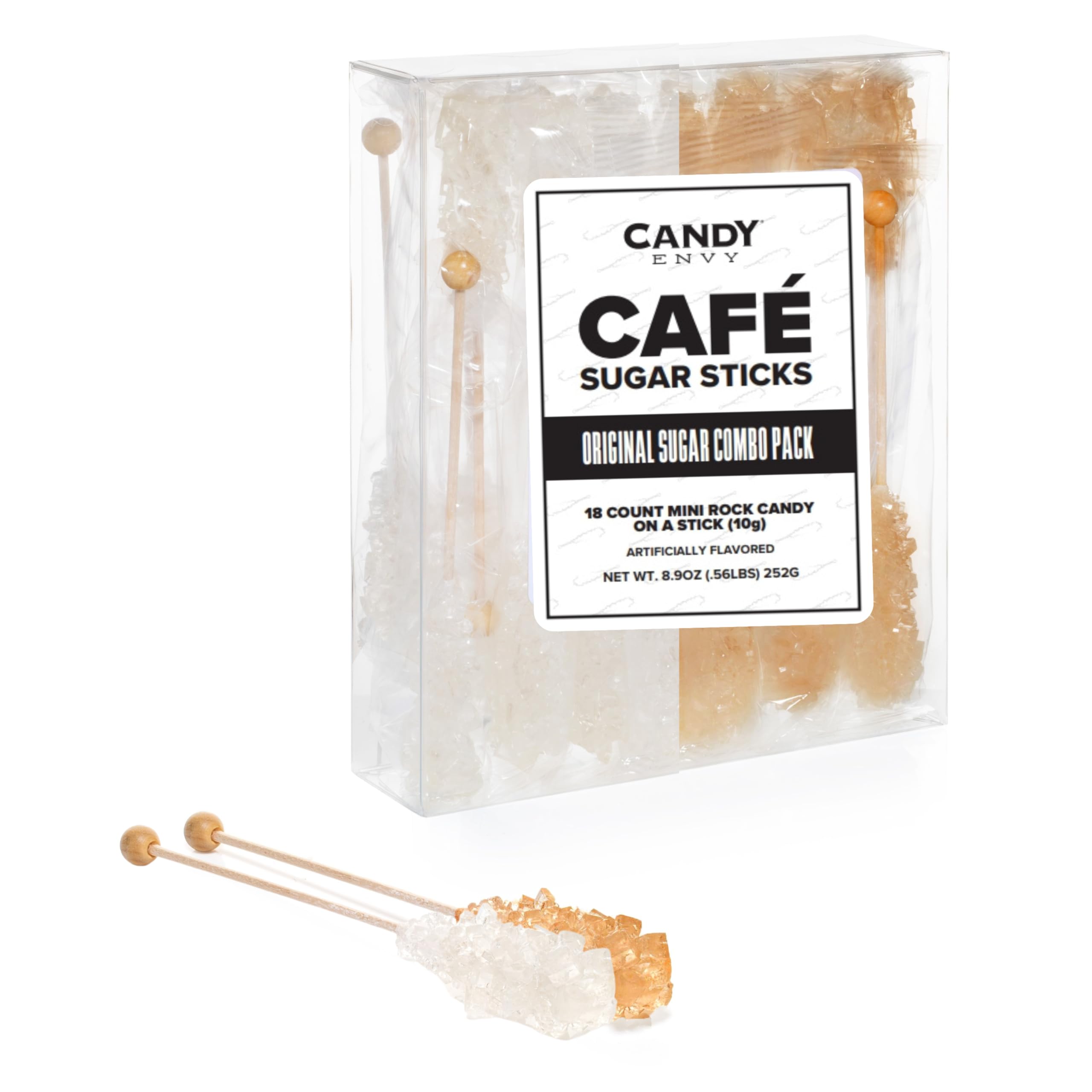 Candy Envy - Amber and White Café Sugar Sticks Mini Rock Candy - 18 Individually Wrapped Treats - Original Sugar Flavored Coffee Stirrers