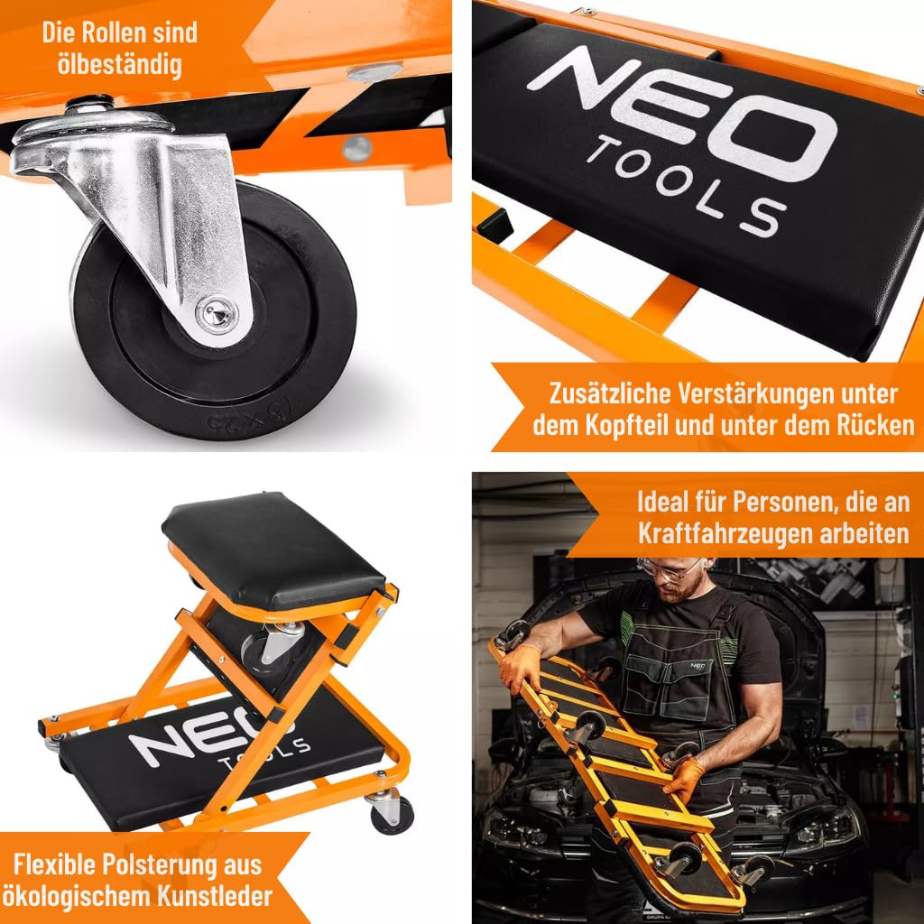 NEO TOOLS 2w1 leżanka warsztatowa na kółkach do samochodów warsztatowych, taboret montażowy, leżanka montażowa do 150 kg, wózek warsztatowy na kółkach | siedzisko obrotowe | funkcja siedzenia i