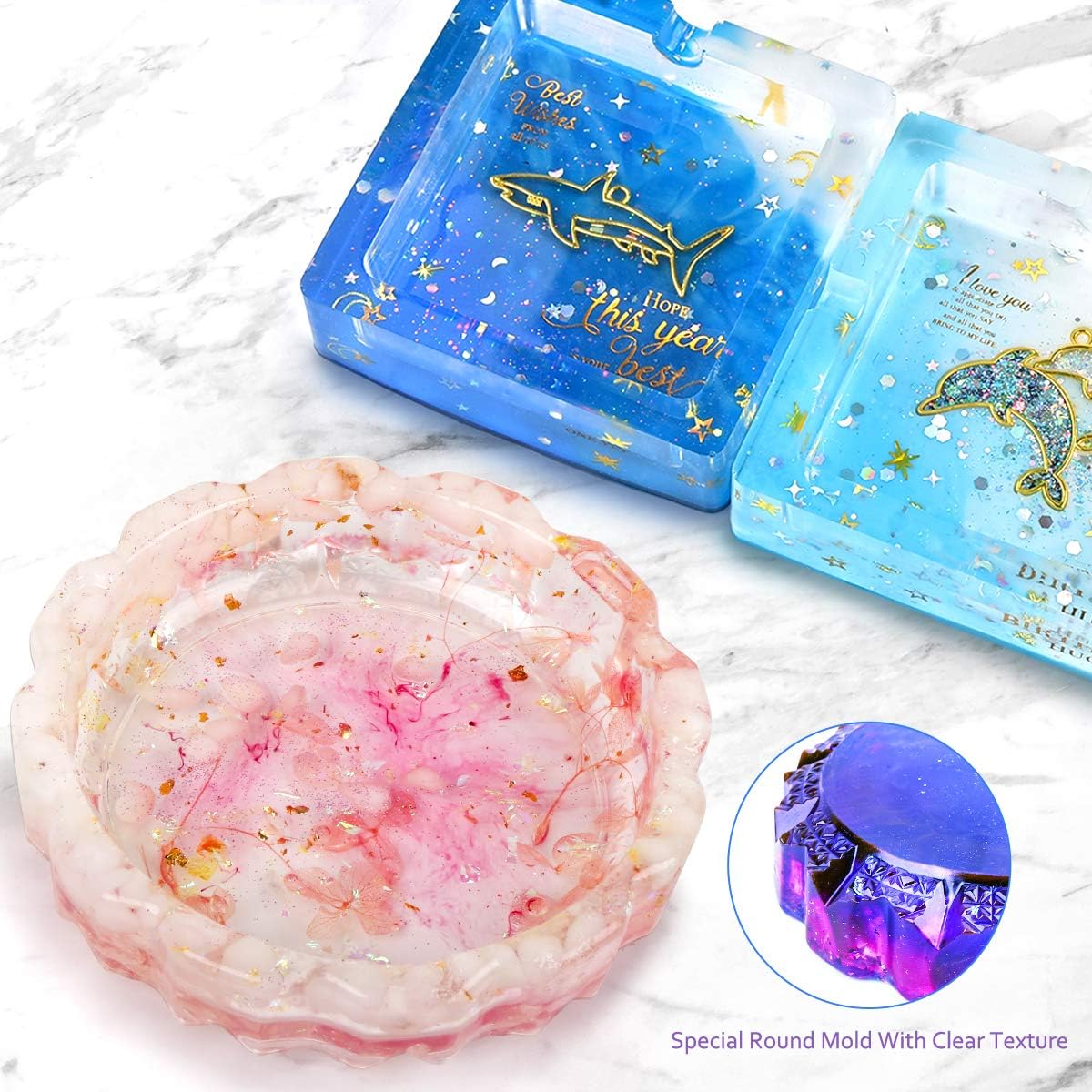 Mocoosy Ashtray Molds for Resin, Silicone Mold for Resin Casting DIY Ashtray Making Kit Square Round Shaped Epoxy Mold with 6 Foil Flakes for Resin Craft