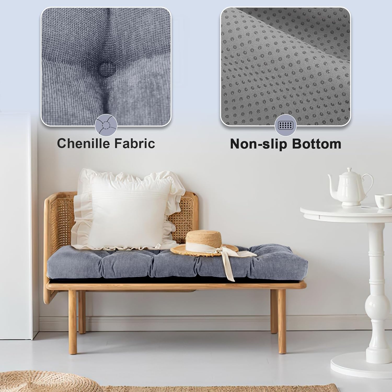 36 Inch Bench Cushion, Tufted Window Seat Cushion with High-Density Memory Foam, Soft Chenille Non-Slip Indoor Furniture Pad for Bay Window, Dining Bench, Entryway (Light Gray, 36x14x4)