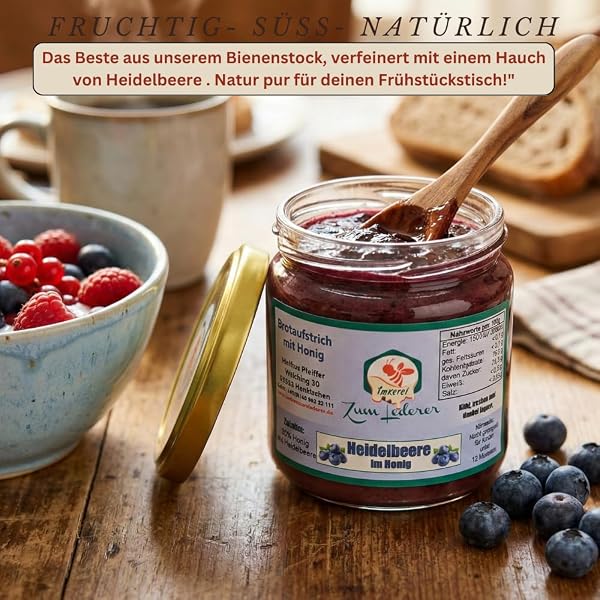 Imkerei zum Lederer - Deutscher Honig-Mix mit Heidelbeeren – 500g cremige Honig Zubereitung mit fruchtigen Blaubeeren aus dem Bayerischen Wald - Süßer Brotaufstrich direkt vom Imker - 4