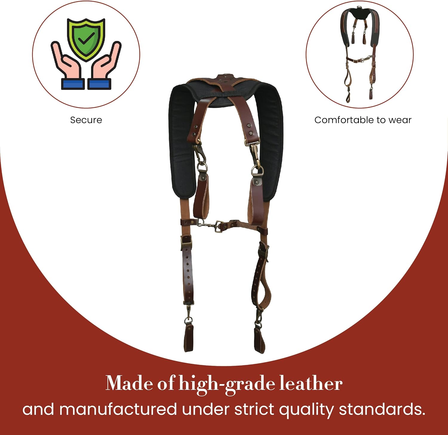 Style n Craft Padded Leather Work Suspender System with D-Ring Loops, Heavy-Duty Suspenders for Men, Leather Belt Straps, Adjustable to Fit Most Sizes, Dark Tan (98214)