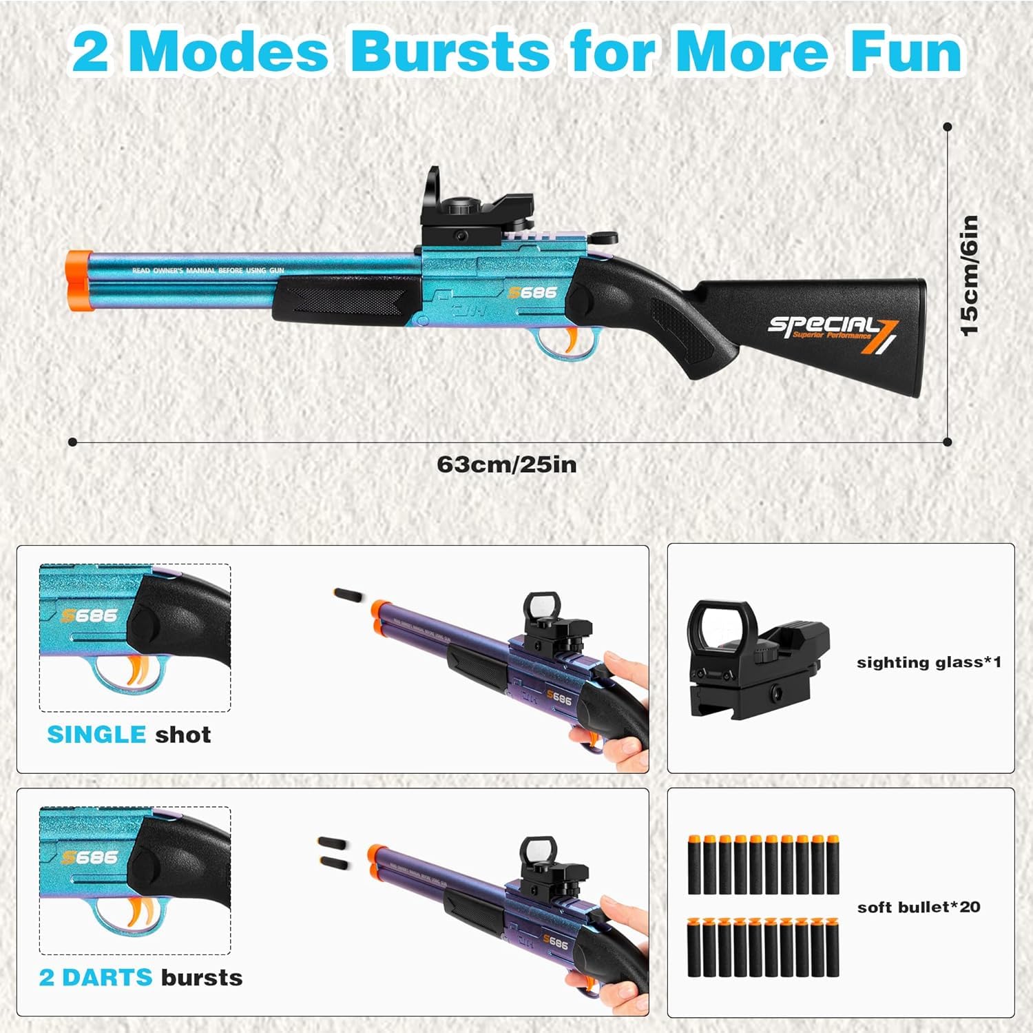 Double Barrel Shotgun with 20 Soft Bullets, Shell Ejecting Foam