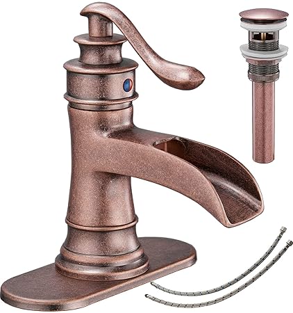 Bathroom Sink Faucet Waterfall Bath Copper Farmhouse Antique Single Handle Single Hole Commercial Vanity with Pop Up Drain Stopper For Sink Supply Lines Hose Lead-Free