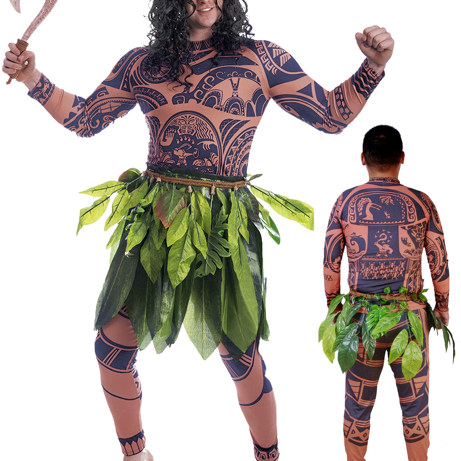 Maui Costume T-Shirt Pants with Leaves Skirt Adult Cosplay Carnival Uniform Halloween Costume for Men Women