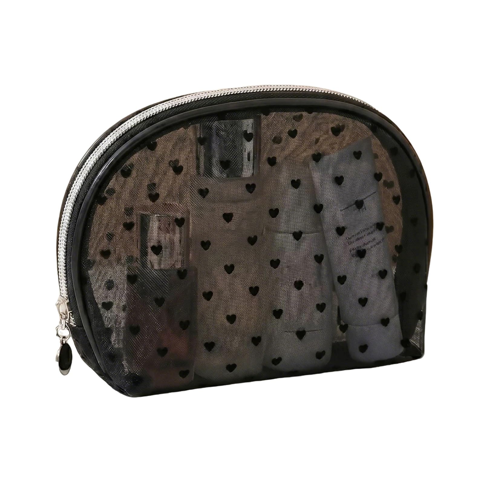 Borsa da Viaggio per Cosmetici, Astuccio Toilette da Viaggio, in Rete con Scomparto Interno a Forma di Cuore Floccato, Tessuto Interno Impermeabile, Bellezza Funzionalità Fondono(Black)