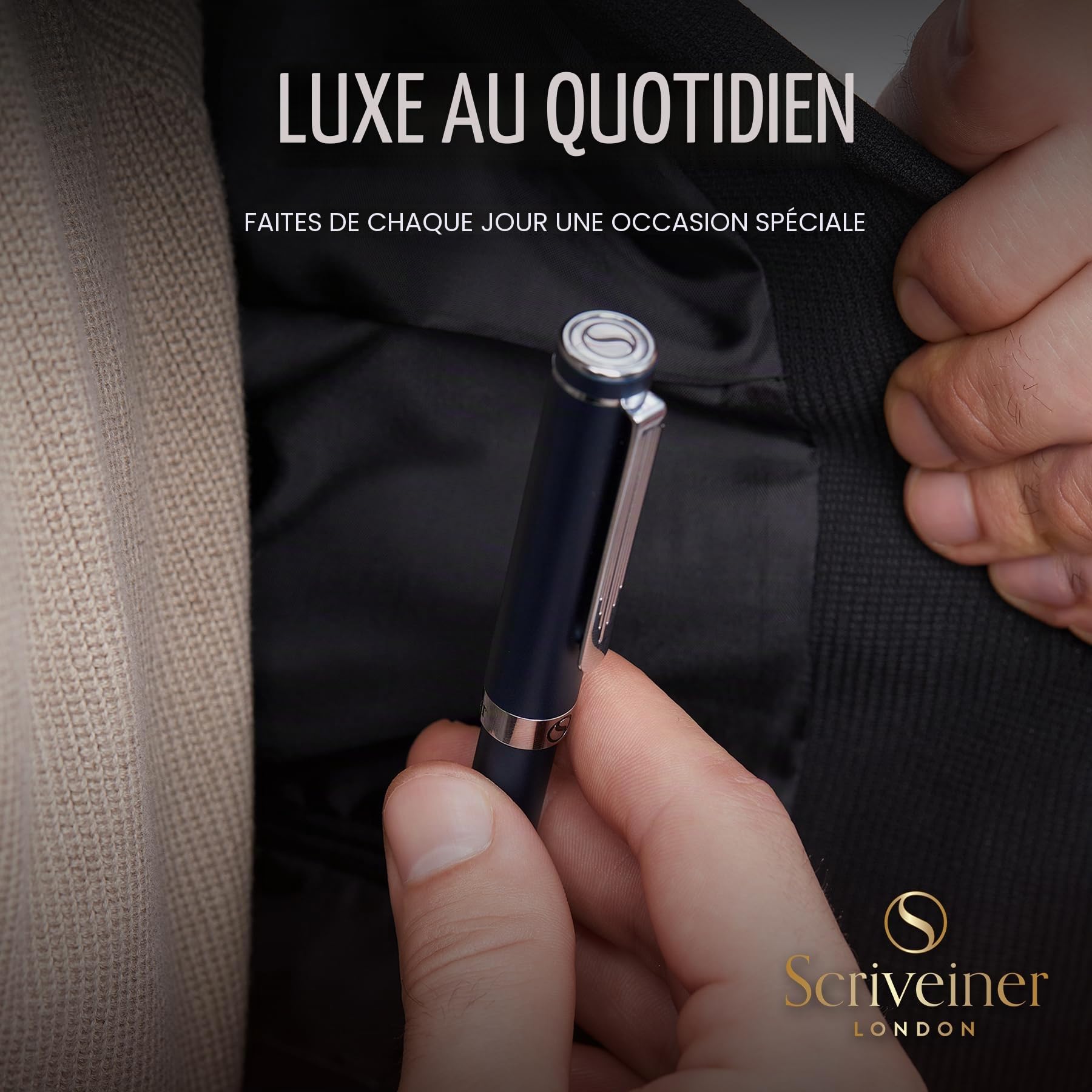 Scriveiner Roller Bleu EDC Stylo de luxe, Stylo de poche lourd avec finition chromée, d'écriture agréable, Cadeau homme et femme, Recharge Schmidt, Ensemble de stylos de bureau