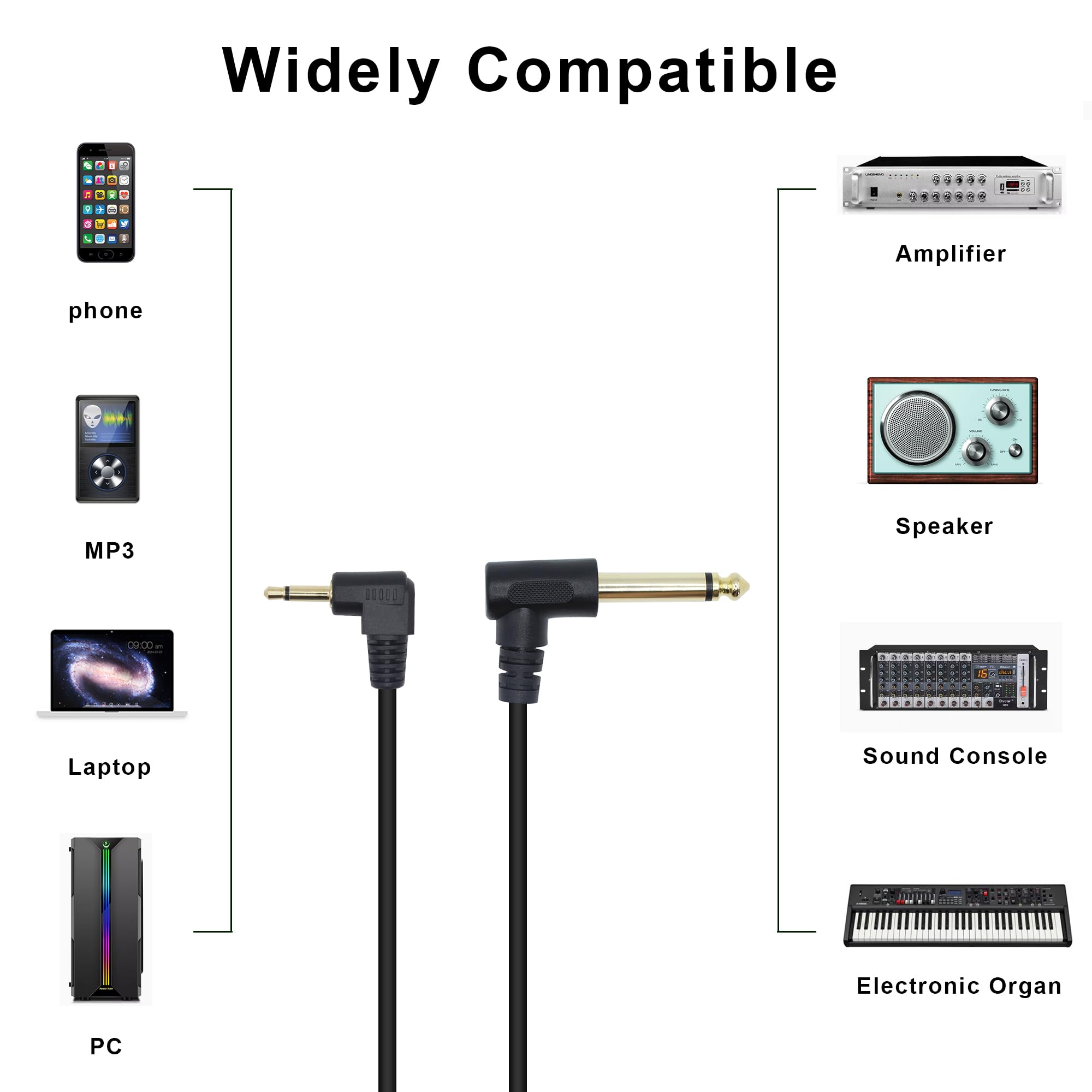 Cable TS de 90 grados 1/8 a 1/4 TS, ángulo recto de 3,5 mm mono macho a 1/4 mono macho, cable de audio para guitarra, portátil, altavoz, amplificadores (19 pulgadas)