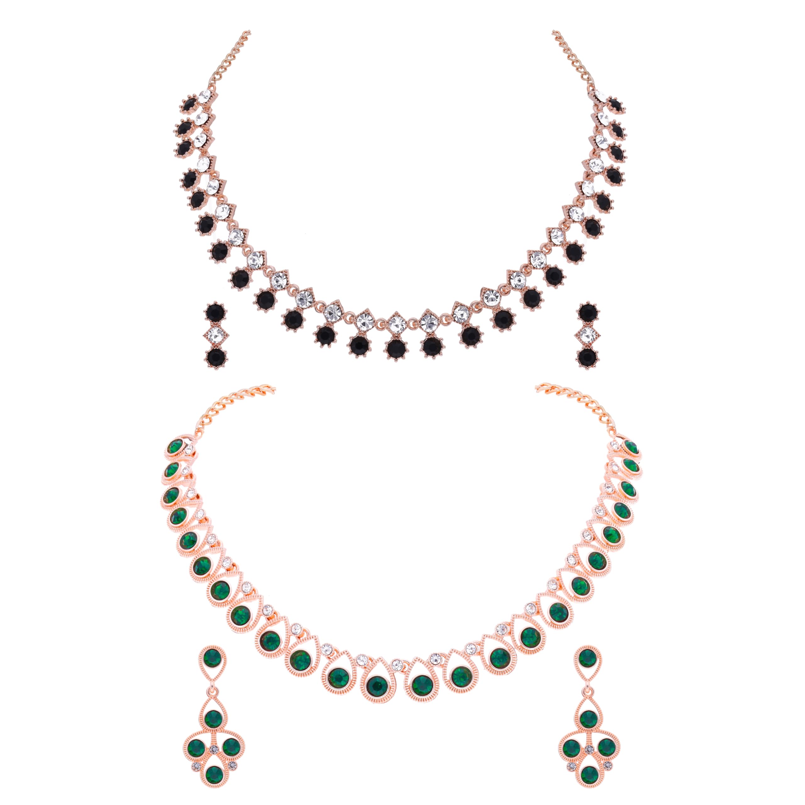 Brado JewelleryPack of 2 Rosegold Polished American Diamond Studded Necklace with 1 pair of Earring Choker Jewelry set for Women and Girls
