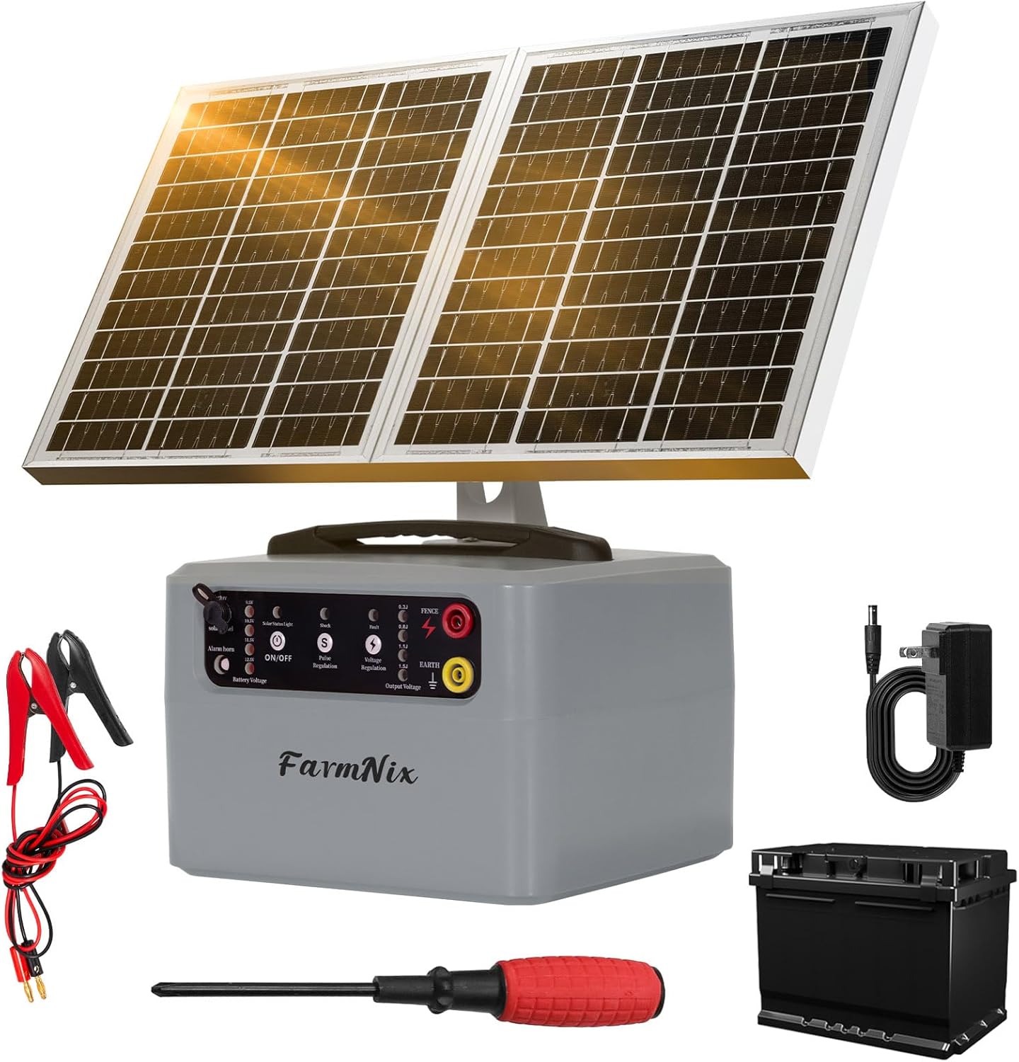 Electric Solar Fencer Kit 30Miles Solar Fence Charger w/Pre-Installed Battery,6-12kV Adjustable Solar Fence Controller 15W Ranch Fencing Charger for Cattle,Horse,Goat,Deer&Livestock Protection