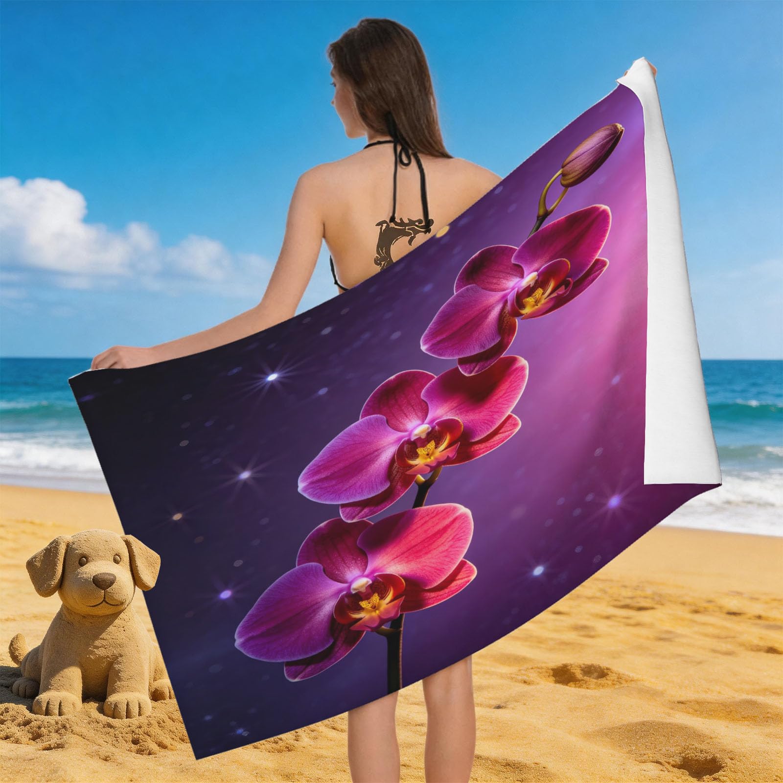 Leichong 3D Phalaenopsis Orchid Beach Towel Microfiber Soft Quick Dry for Adults, Dreamy Bath Towel Lightweight Soft Absorbent for Travel Swimming Pool Sports, 75 x 150 cm