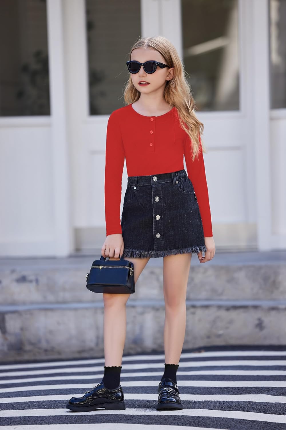 Arshiner 2 Pack Girls Long Sleeve Henley T Shirts Button Down Slim Fit Tops Round Neck Ribbed Knit Shirts - Image 4