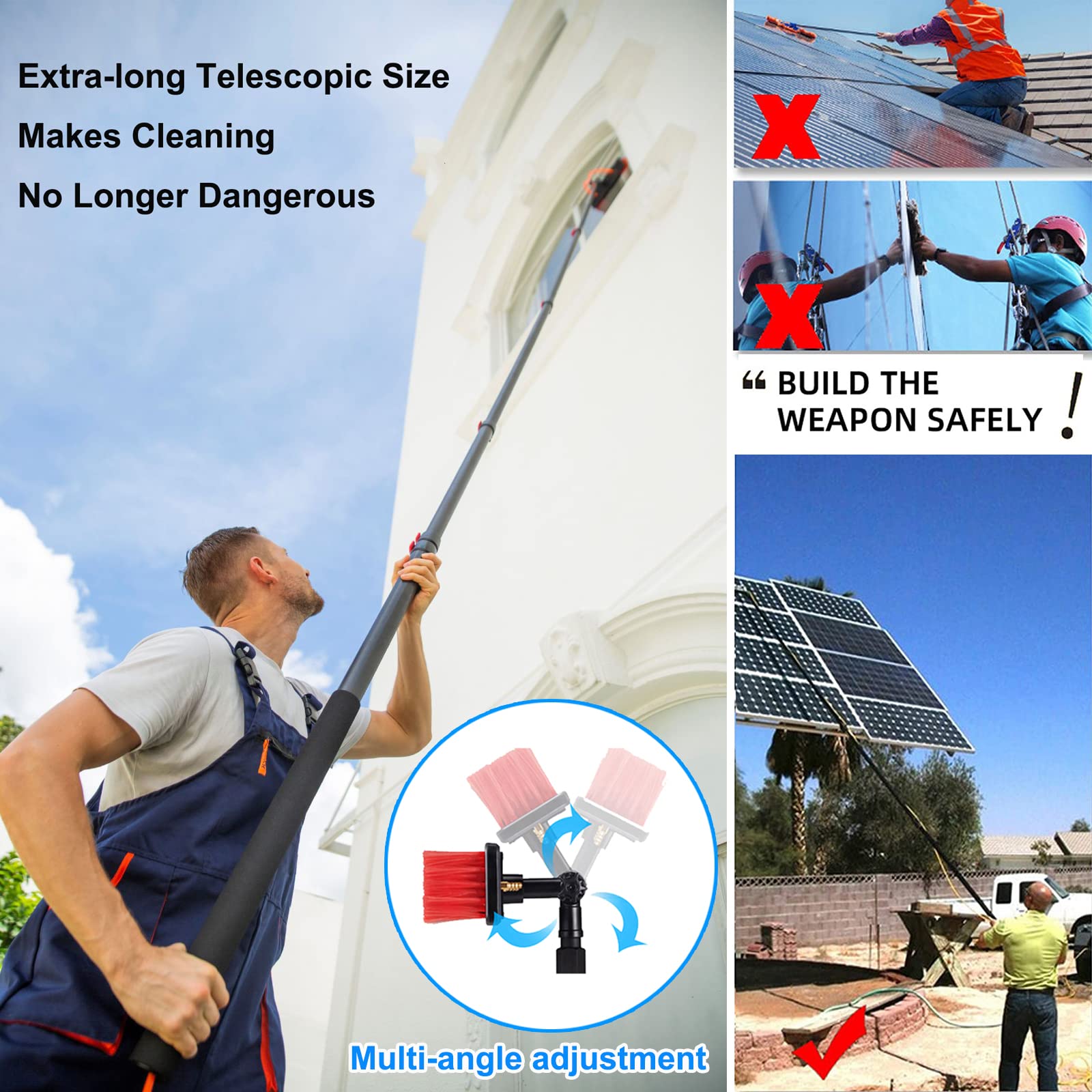 Kit cópico de limpieza de ventanas de 9 m con limpiador de vidrio al aire libre para techos y paneles solares equipo de limpieza esencial para trabajos de alto alcance