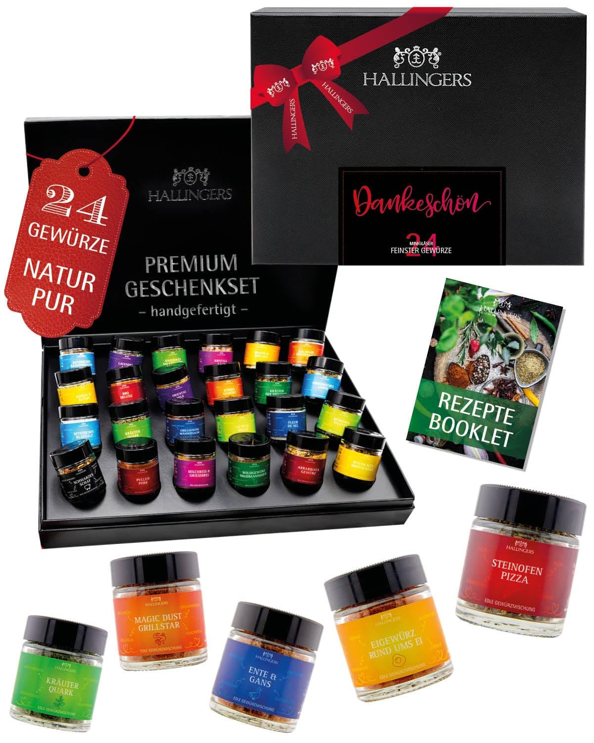 Hallingers Genuss Manufaktur Gewürz Dankeschön-Geschenk-Set - 24 Gewürze aus aller Welt in wertiger Geschenkbox mit Rezept-Booklet "Dankeschön", Geschenkidee für Frauen Männer